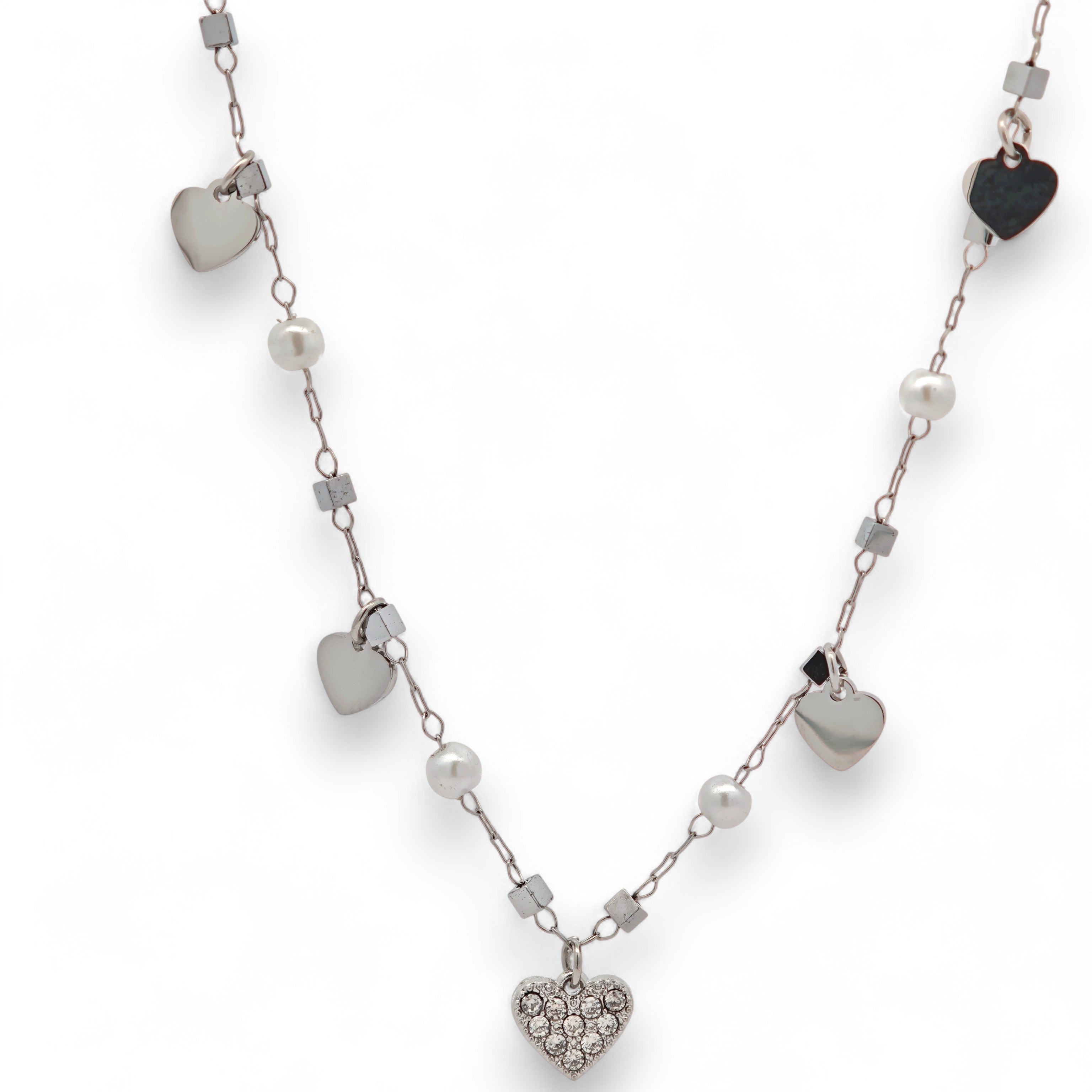 Collana in Acciaio con Pendenti a Cuore e Perle