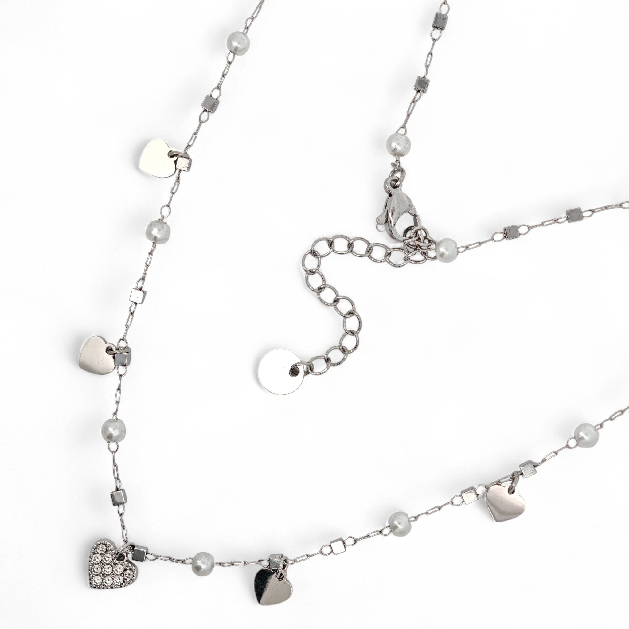 Collana in Acciaio con Pendenti a Cuore e Perle