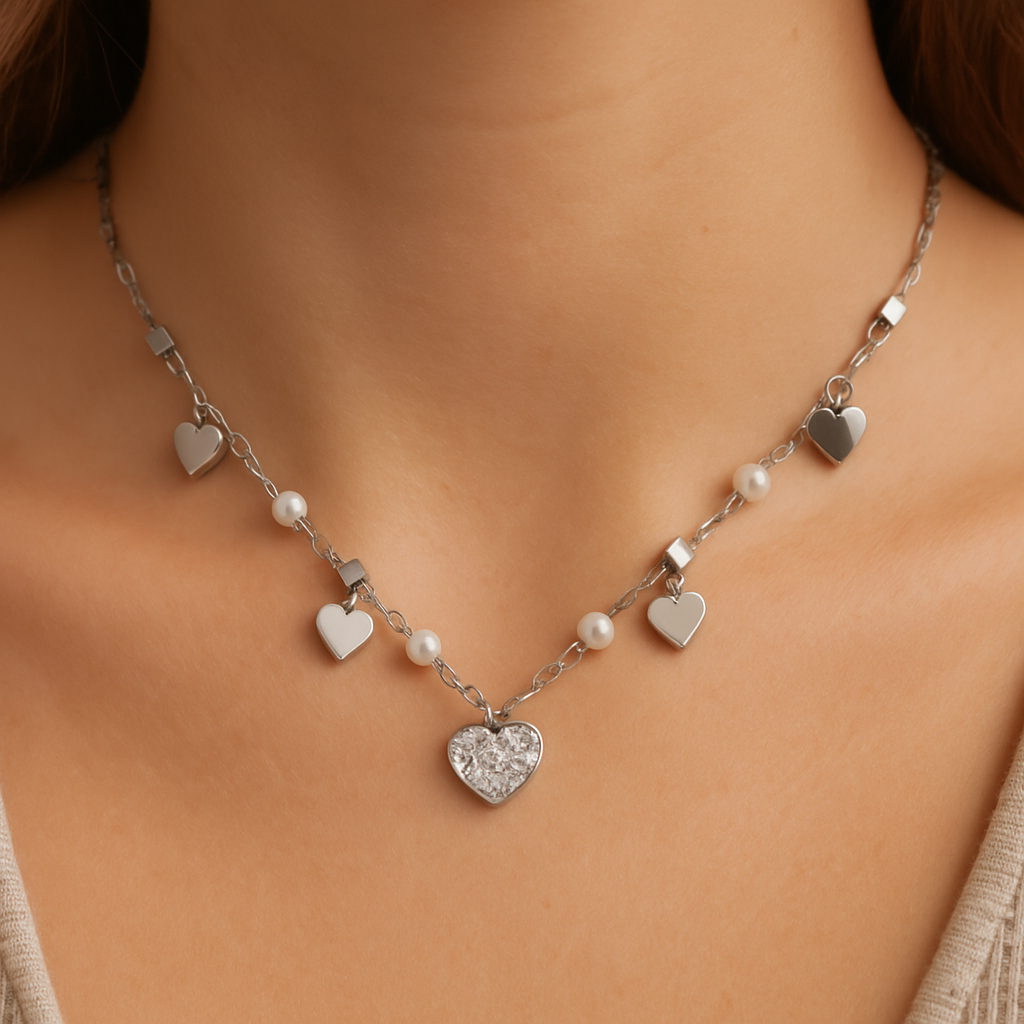 Collana in Acciaio con Pendenti a Cuore e Perle