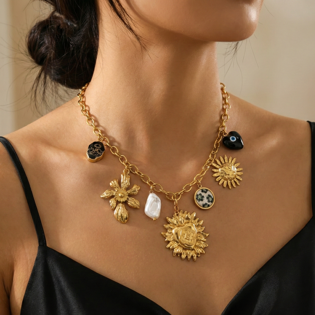 Collana Portafortuna Glam con Charms e Perla Barocca In Acciaio Inossidabile