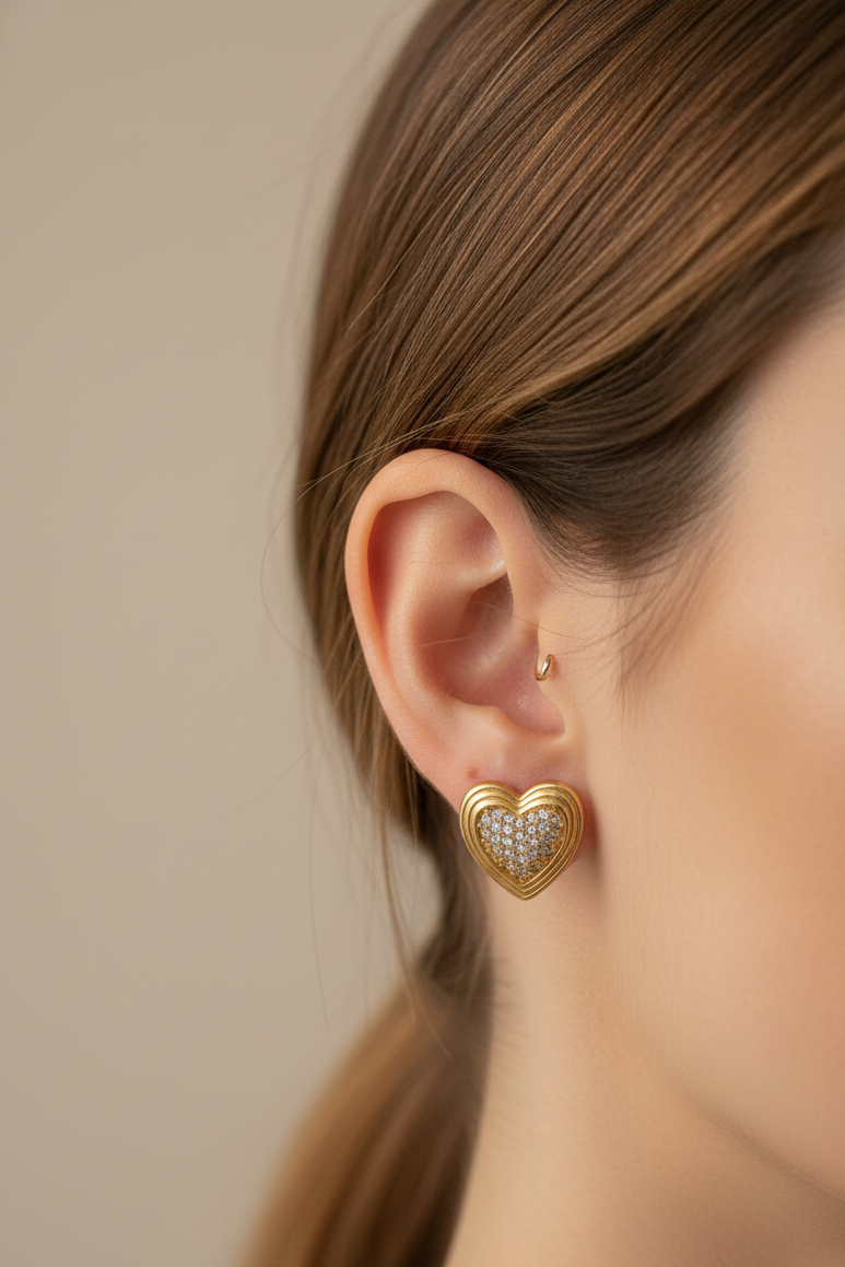 Orecchini a Cuore Bombato con Micro-Pavé di Zirconi in Acciaio Inossidabile