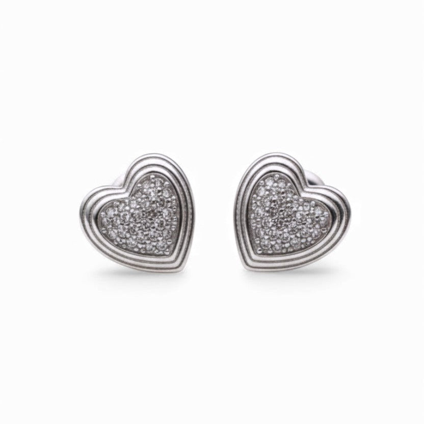 Orecchini a Cuore Bombato con Micro-Pavé di Zirconi In Acciaio Inossidabile