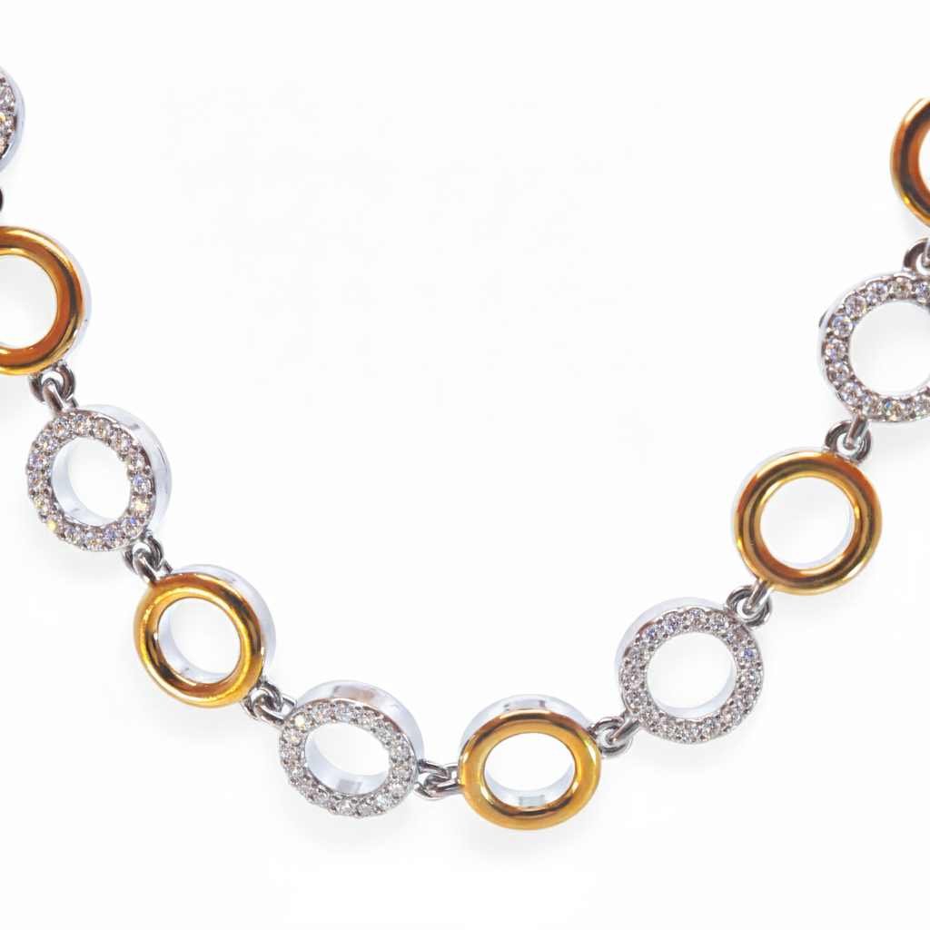 Bracciale Catena Cerchi Bicolore e Zirconi in Acciaio Inossidabile