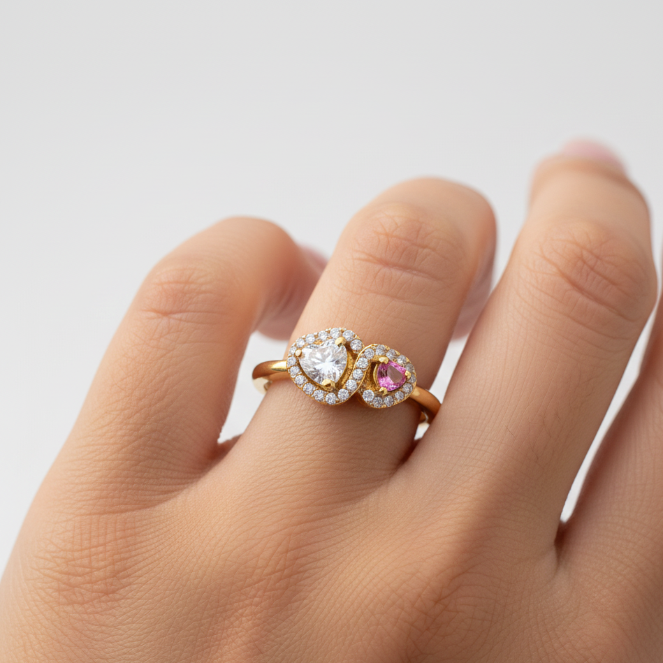 Anello Double Heart Zirconi Bicolore con Pavé Luminoso in Acciaio Inossidabile