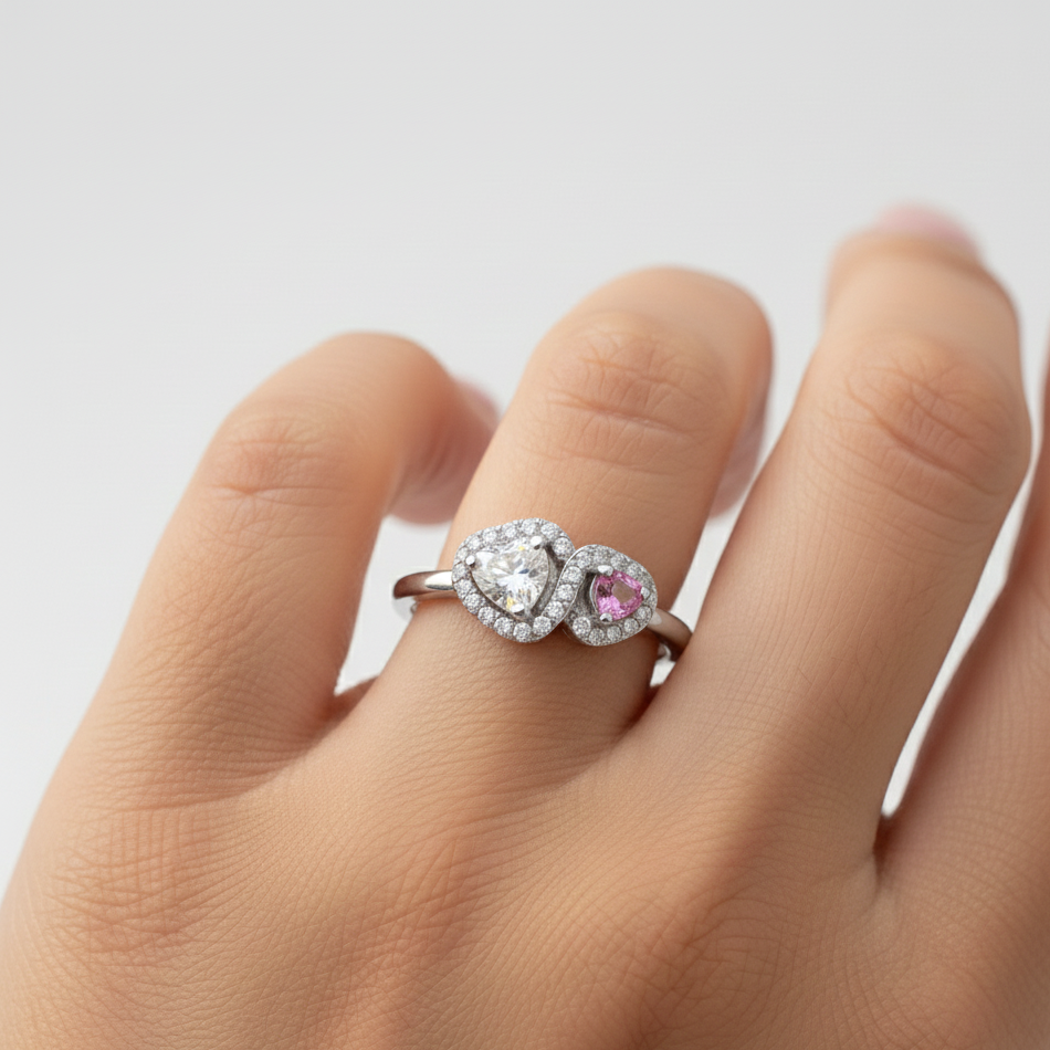 Anello Double Heart Zirconi Bicolore con Pavé Luminoso in Acciaio Inossidabile