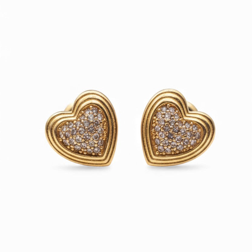 Orecchini a Cuore Bombato con Micro-Pavé di Zirconi In Acciaio Inossidabile