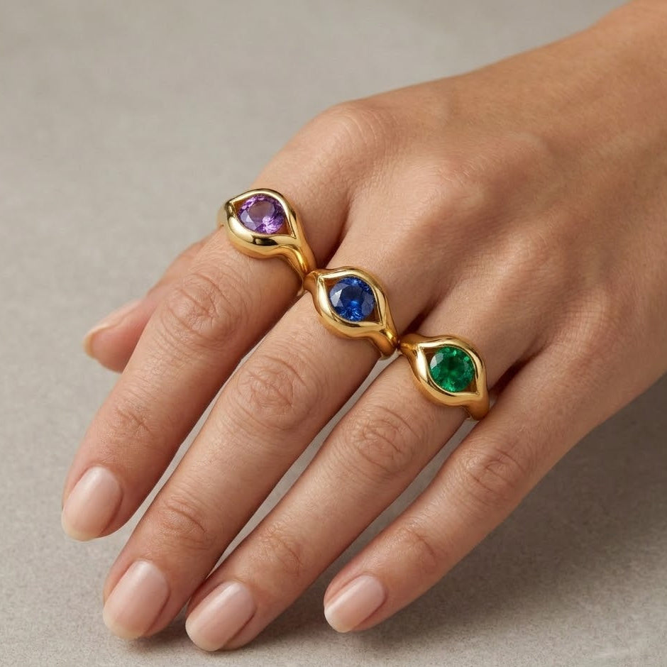 Anello Occhio con Pietra Colorata In Acciaio Inossidabile