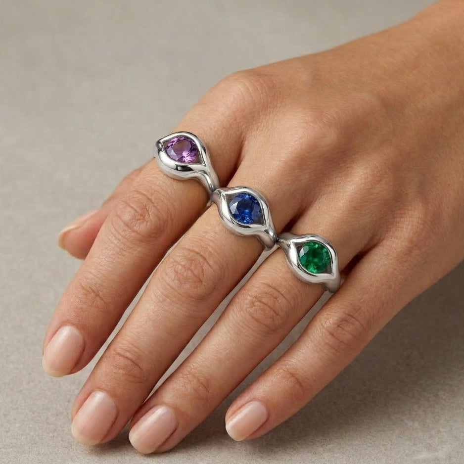 Anello Occhio con Pietra Colorata In Acciaio Inossidabile
