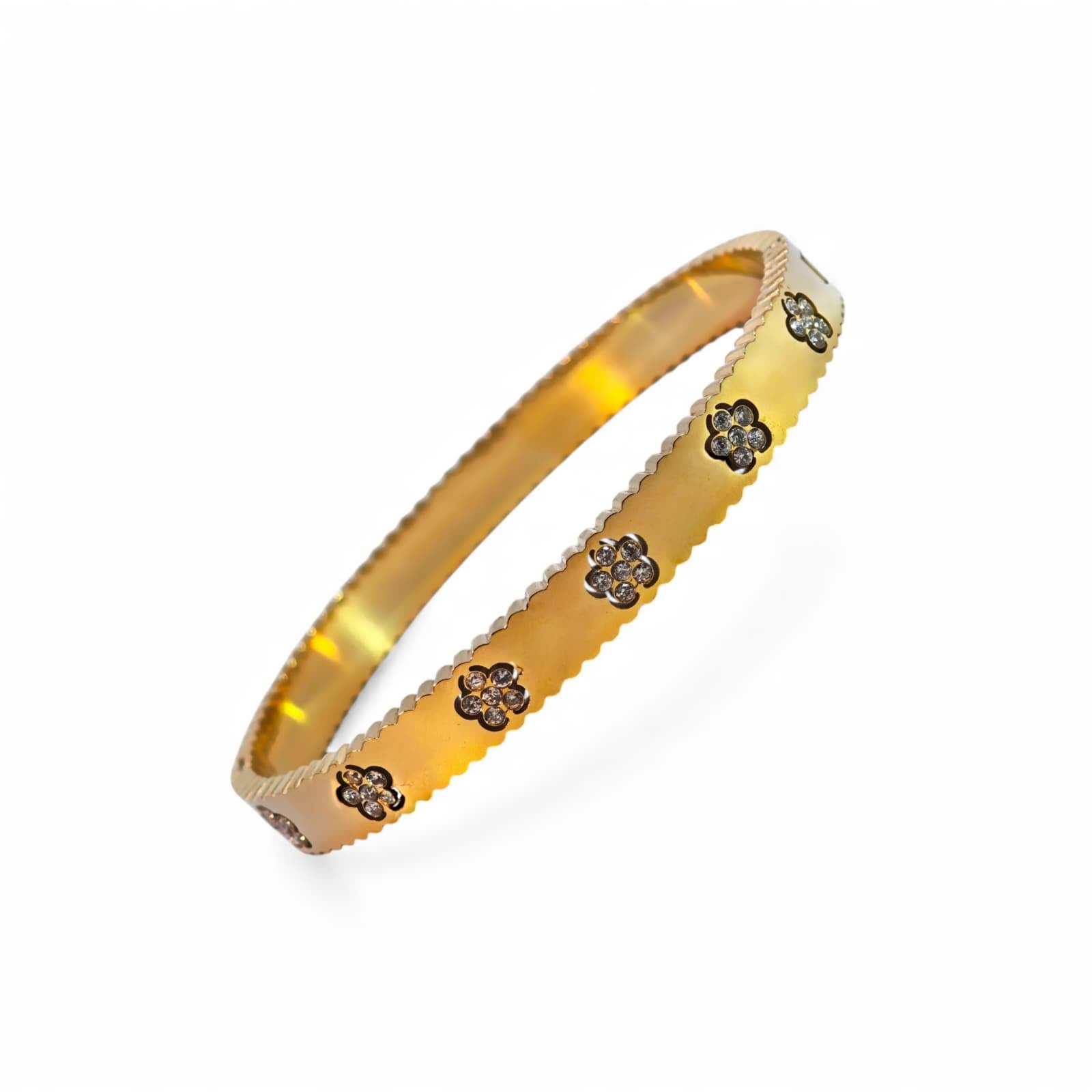 Bracciale Rigido Sottile con Fiori in Zirconi e Profilo Zigrinato in Acciaio Inossidabile