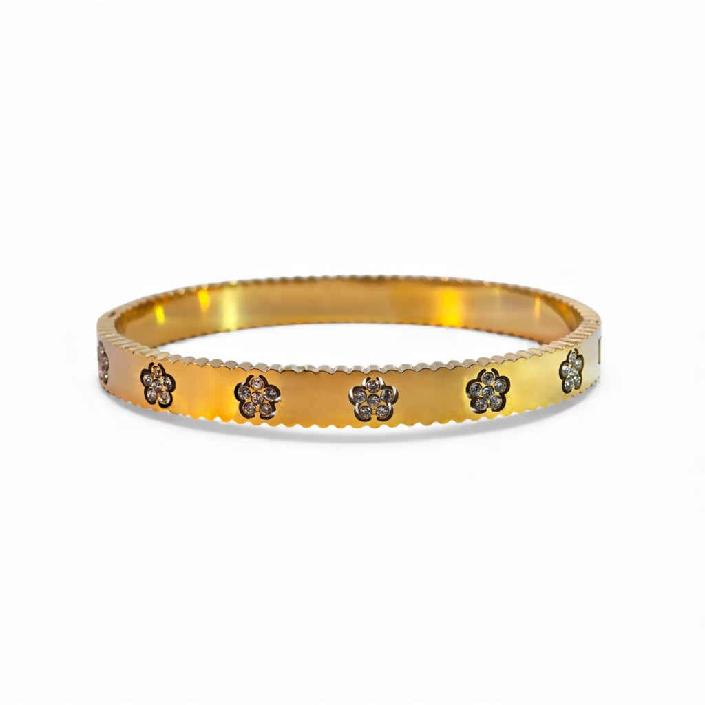 Bracciale Rigido Sottile con Fiori in Zirconi e Profilo Zigrinato In Acciaio Inossidabile