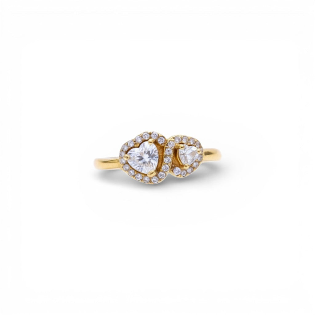 Anello Double Heart Zirconi Bicolore con Pavé Luminoso In Acciaio Inossidabile