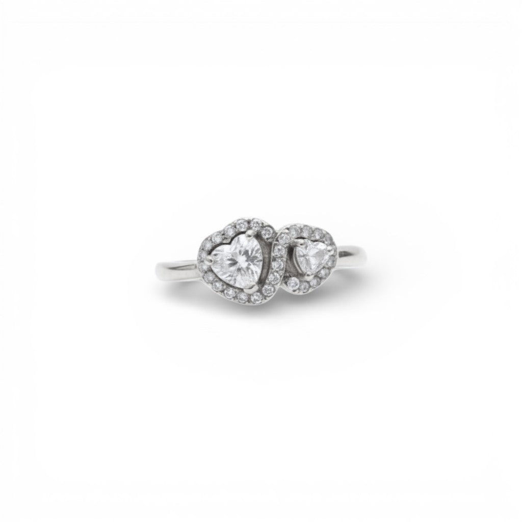Anello Double Heart Zirconi Bicolore con Pavé Luminoso In Acciaio Inossidabile