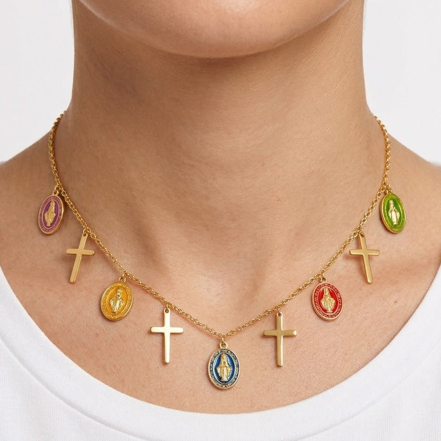 Collana Lunga Rosario con Ciondoli a Croce e Medaglie In Acciaio Inossidabile