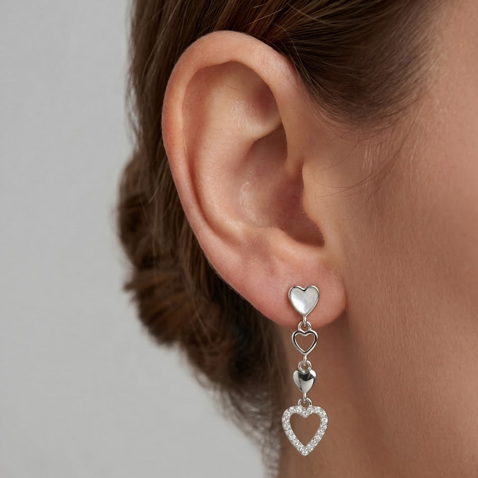 Orecchini Pendenti con 4 Cuori Alternati In Argento 925