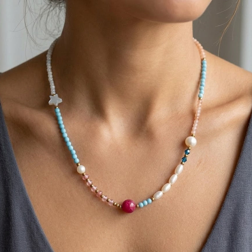 Collana Candy Pop con Pietra Fucsia e Perle In Acciaio Inossidabile