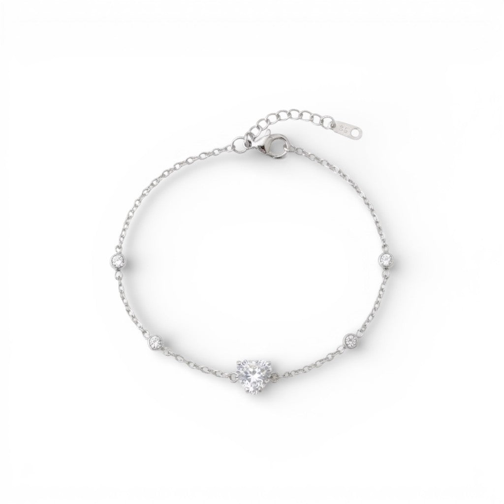 Bracciale con Cuore Pendente e Sfere Zirconate In Acciaio Inossidabile