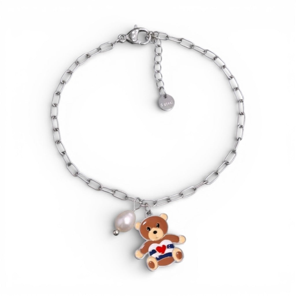 Bracciale Teddy Love con Orsetto Smaltato e Perla In Acciaio Inossidabile