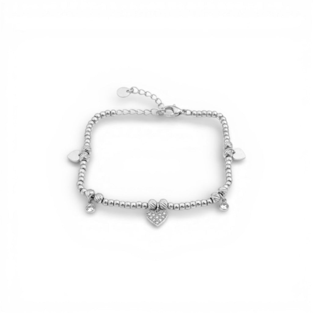 Bracciale Sfere e Multi-Charm con Cuore in Pavé In Acciaio Inossidabile