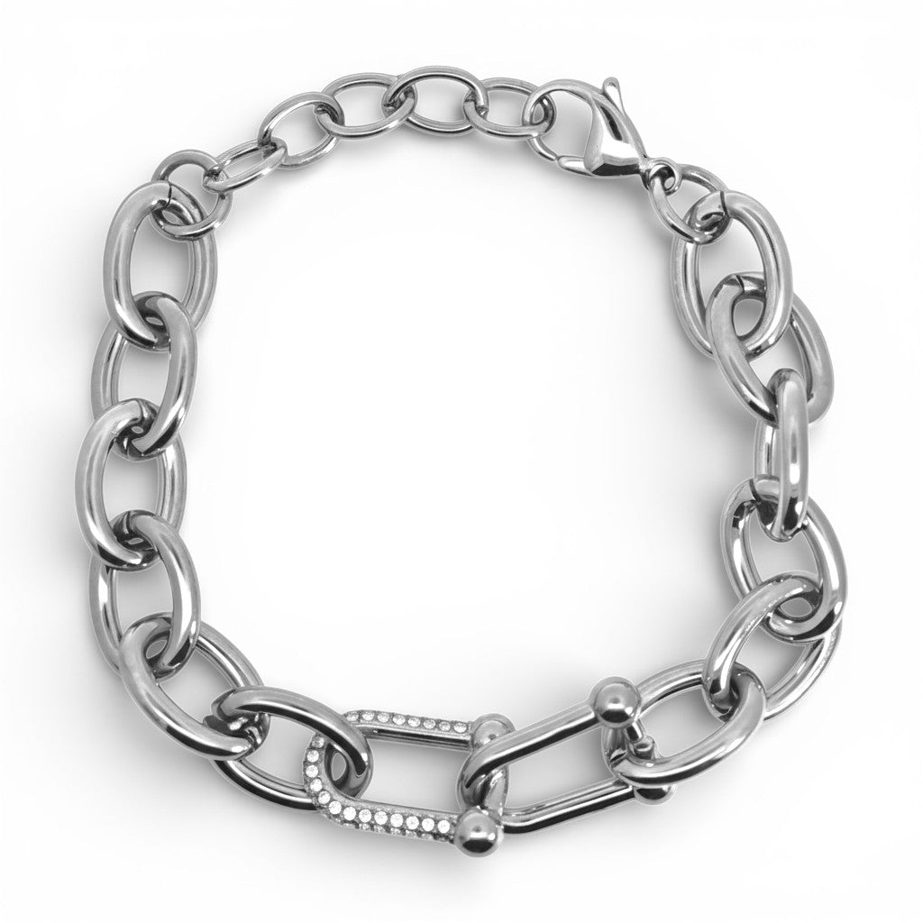 Bracciale Catena con Maglia Centrale e Zirconi In Acciaio Inossidabile