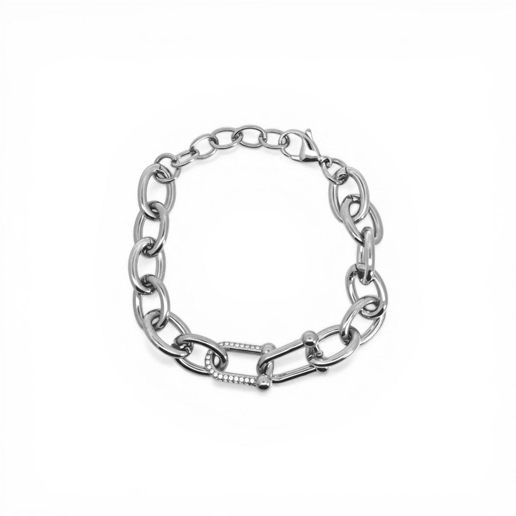 Bracciale Catena con Maglia Centrale e Zirconi In Acciaio Inossidabile