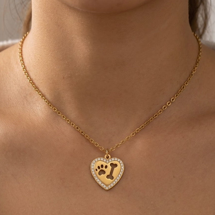 Collana con Cuore Zampa Zirconi In Acciaio Inossidabile