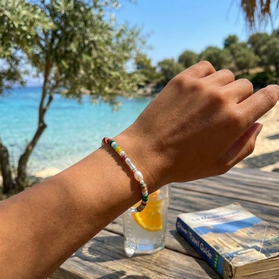 Bracciale con Pietre Multicolore e Perle In Acciaio Inossidabile