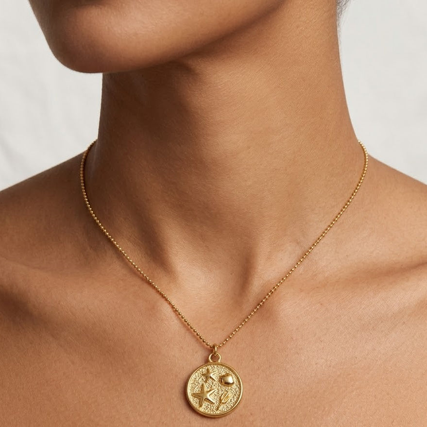 Collana Medaglia Marina Sabbiata e Stelle Marine In Acciaio Inossidabile