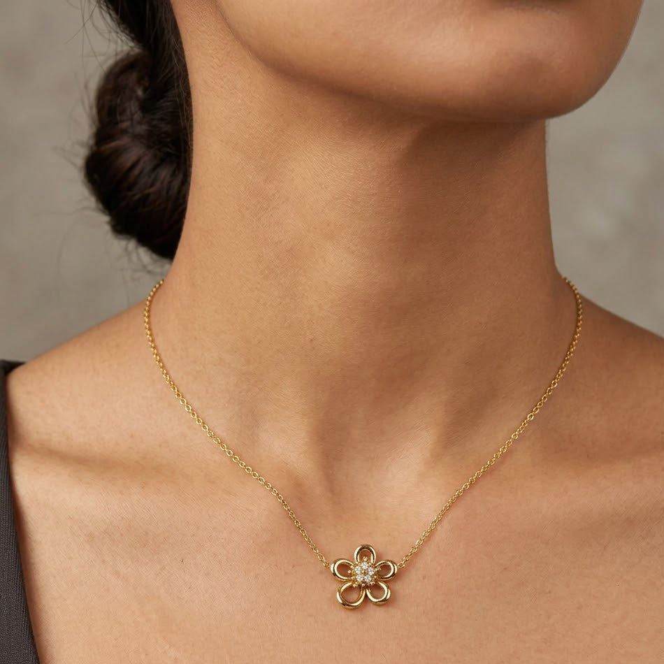Collana Fiore Zirconati In Acciaio Inossidabile