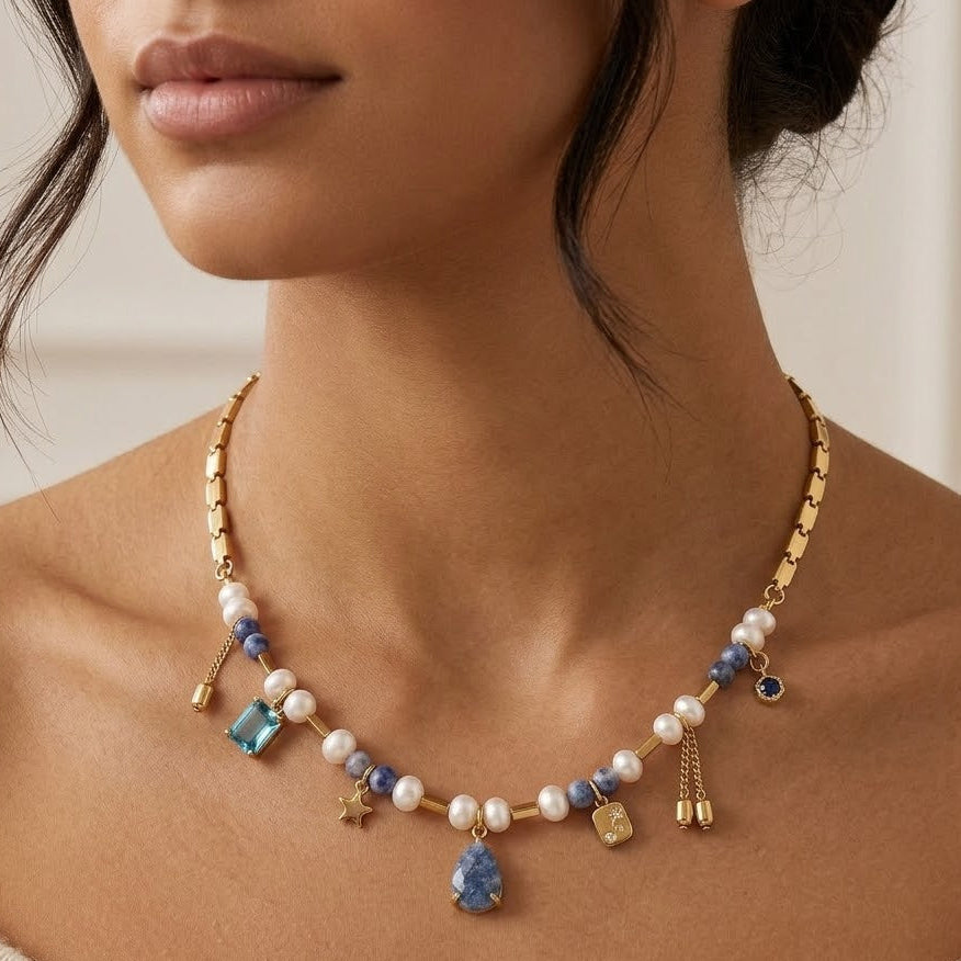 Collana Elegance Celeste con Perle e Pietre In Acciaio Inossidabile