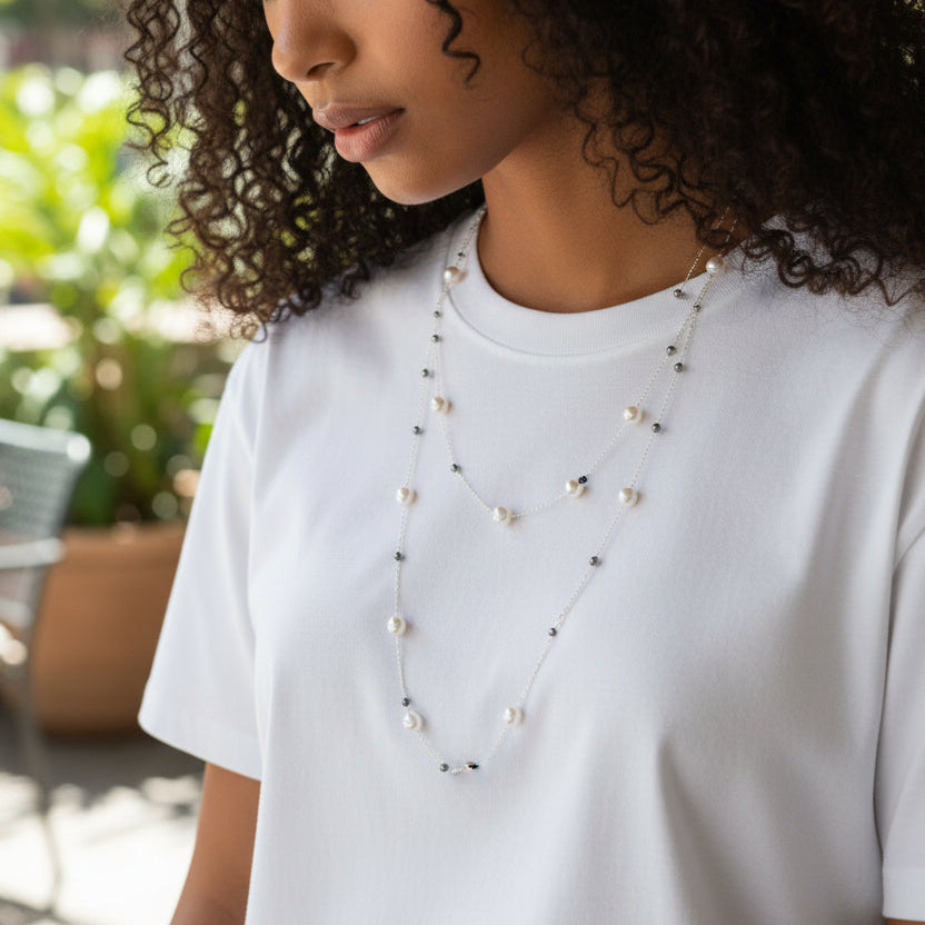 Collana Doppio Filo con Perle e Boule In Acciaio Inossidabile
