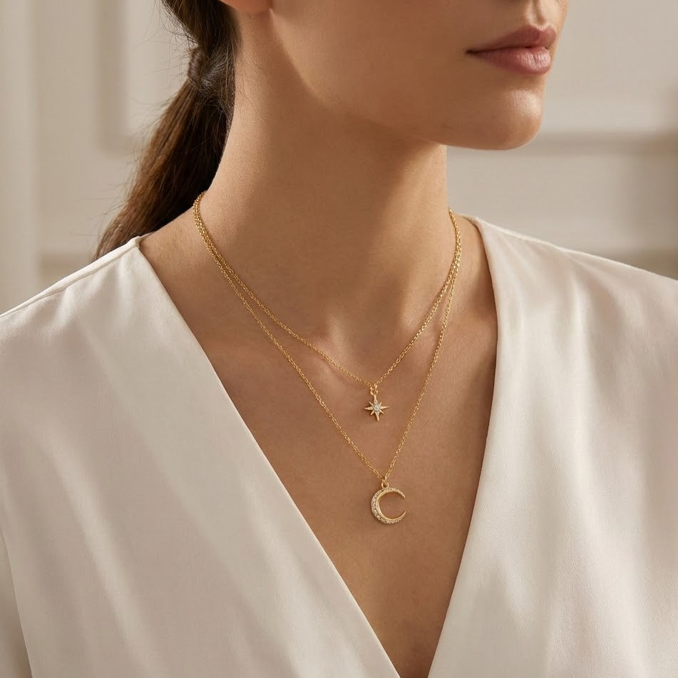 Collana Incanto Notturno con Luna e Stella In Argento 925
