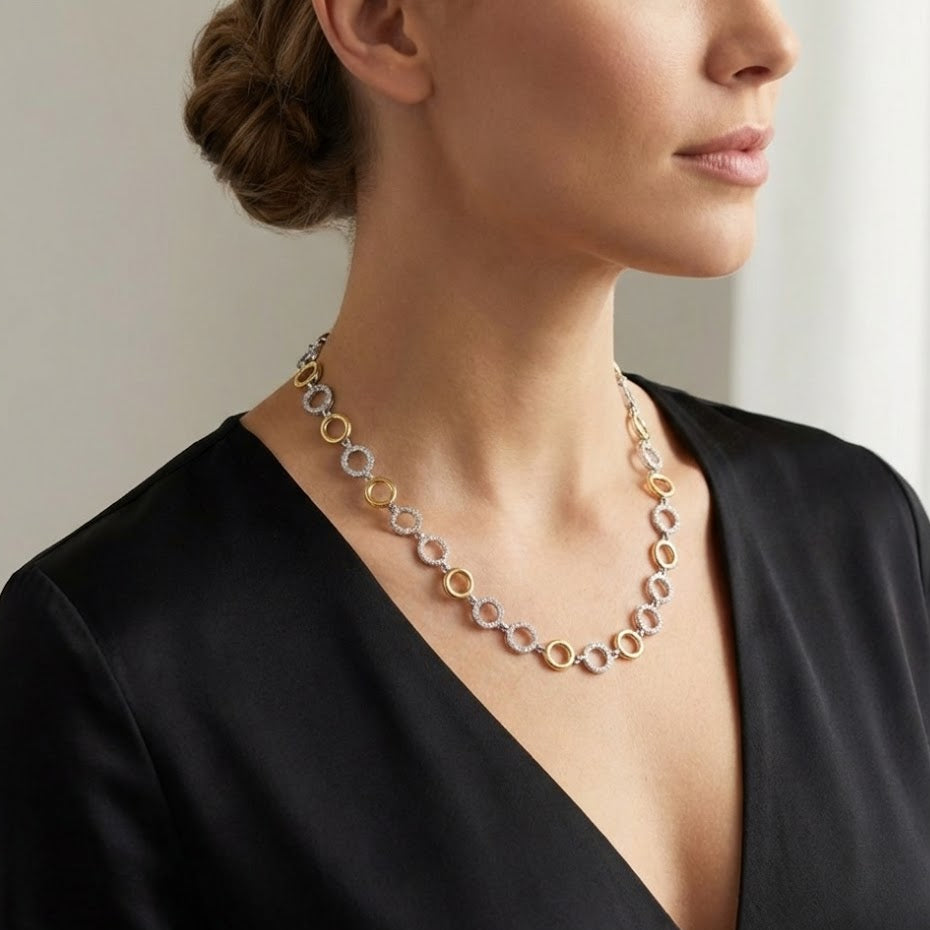 Collana Girocollo Bicolor con Pavé In Acciaio Inossidabile