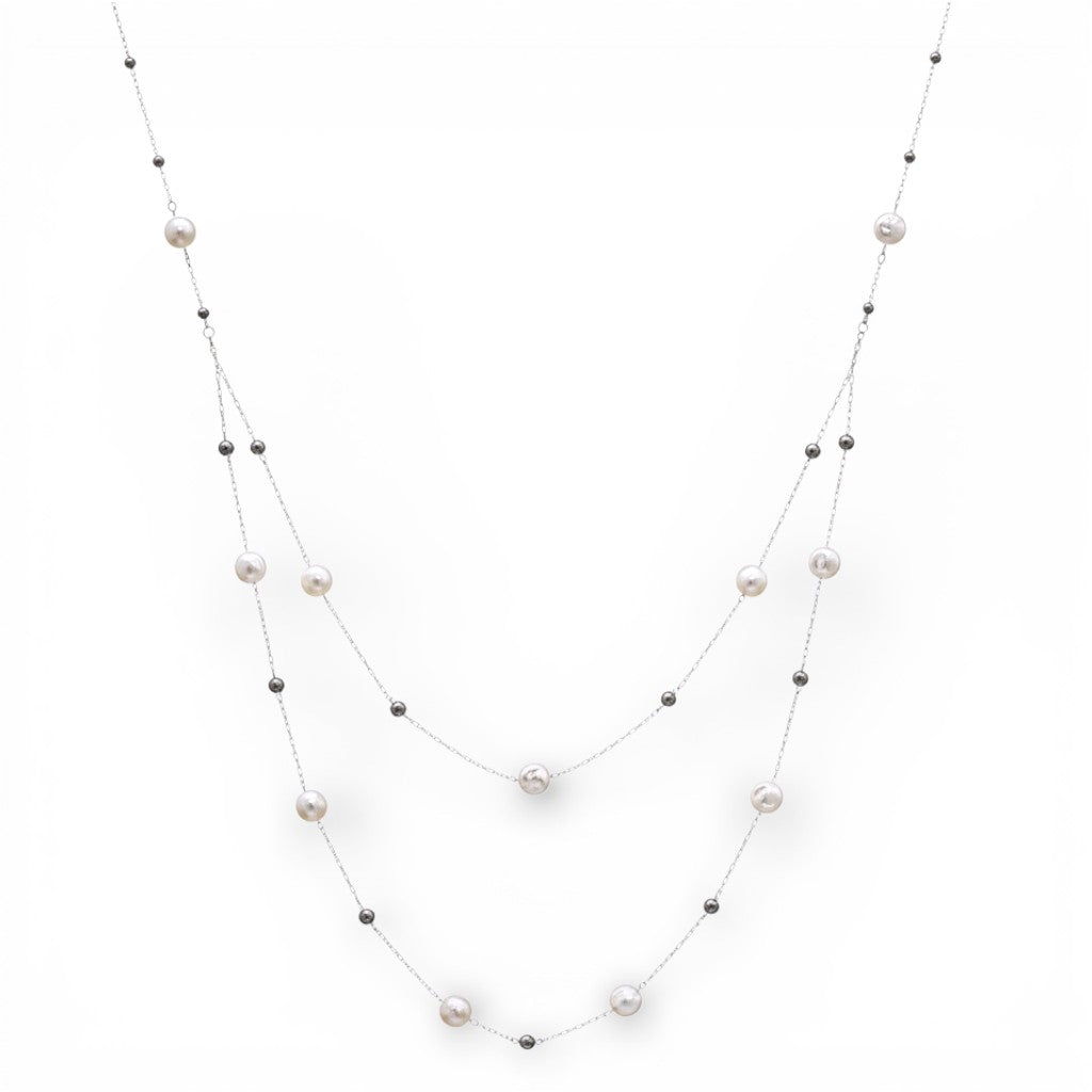 Collana Doppio Filo con Perle e Boule In Acciaio Inossidabile