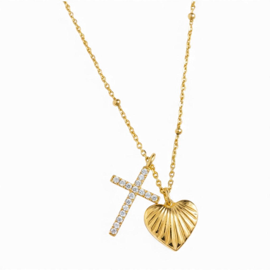 Collana Lunga con Doppio Ciondolo Sacro Cuore e Croce Zirconata in Acciaio Inossidabile