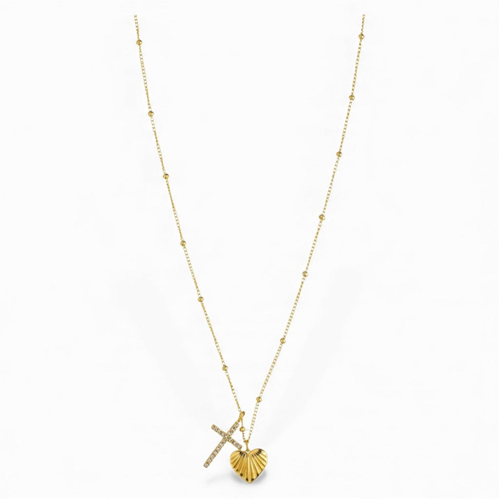 Collana Lunga con Doppio Ciondolo Sacro Cuore e Croce Zirconata In Acciaio Inossidabile