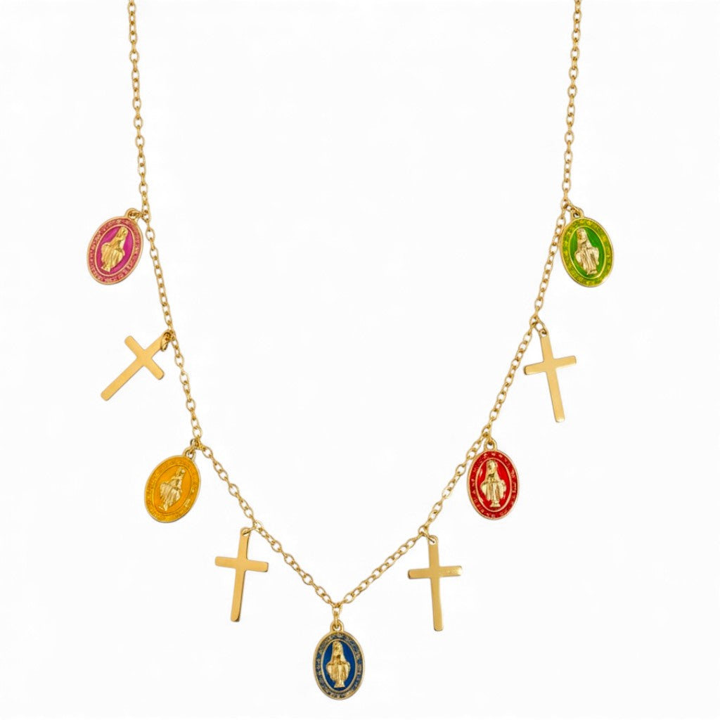 Collana Lunga Rosario con Ciondoli a Croce e Medaglie In Acciaio Inossidabile