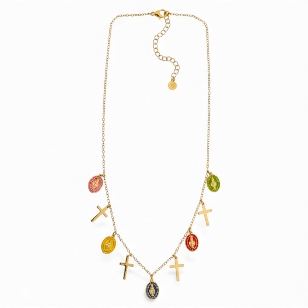 Collana Lunga Rosario con Ciondoli a Croce e Medaglie in Acciaio Inossidabile