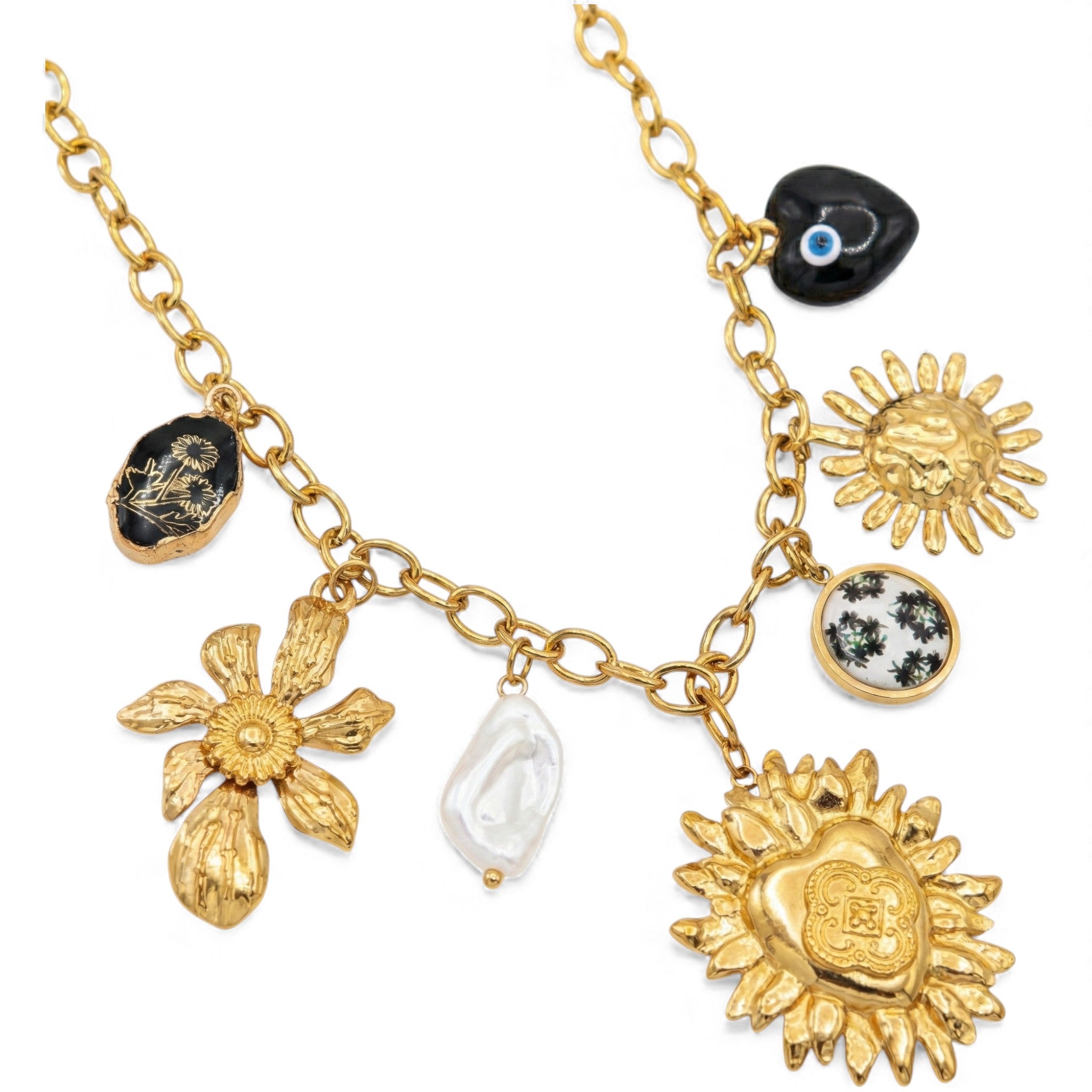 Collana Portafortuna Glam con Charms e Perla Barocca In Acciaio Inossidabile