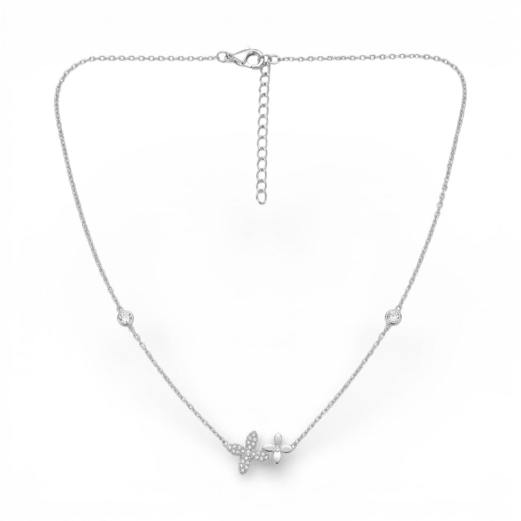 Collana Doppio Fiore con Pavé e Punti Luce In Acciaio Inossidabile