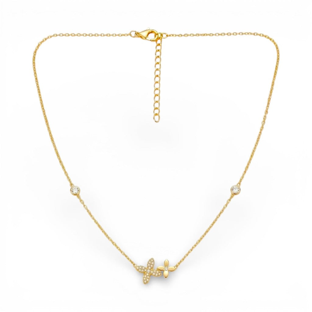 Collana Doppio Fiore con Pavé e Punti Luce In Acciaio Inossidabile