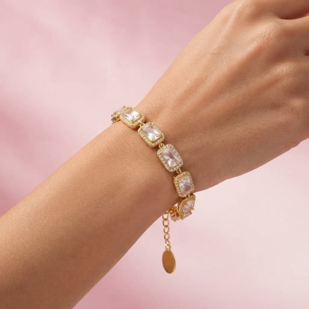 Bracciale Tennis con Zirconi Rettangolari e Pavè Halo In Acciaio Inossidabile