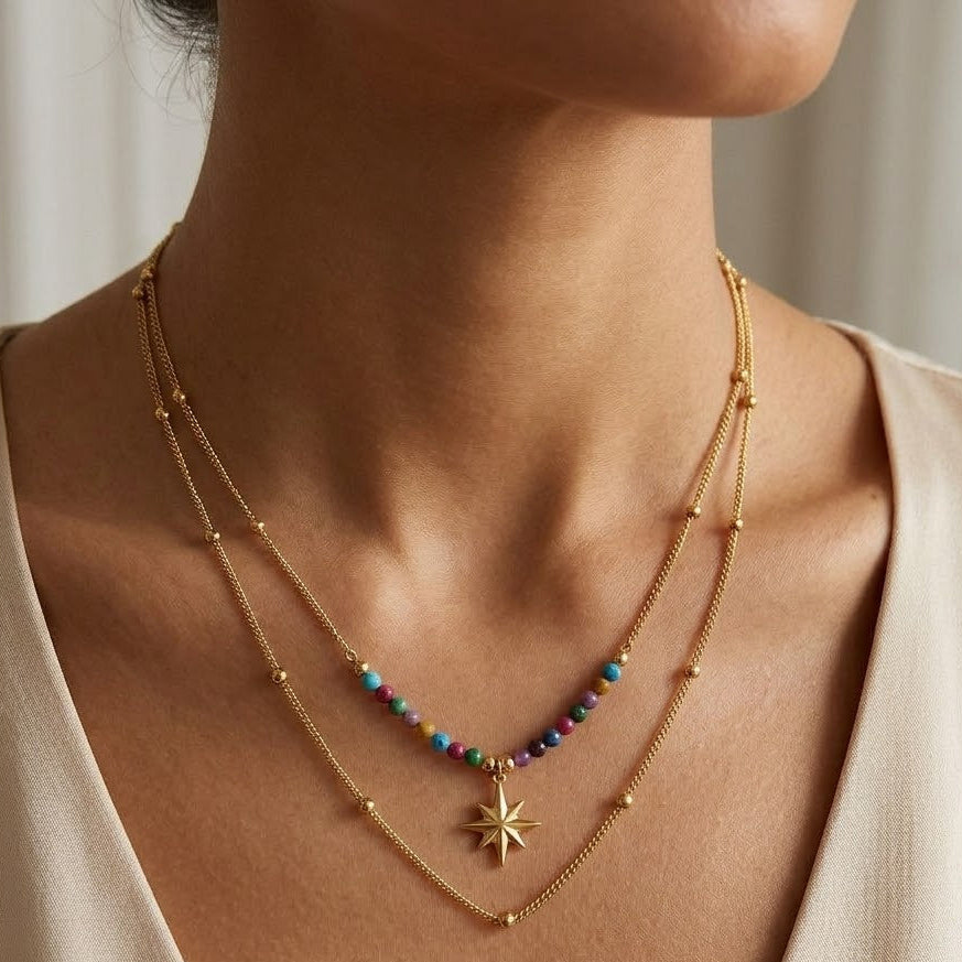 Collana Doppio Filo con Stella Polare e Perline Multicolor In Acciaio Inossidabile