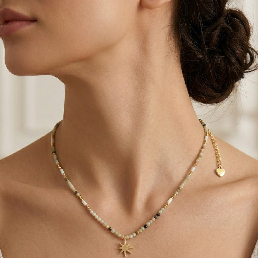 Collana con Ciondolo Stella Polare e Perline In Acciaio Inossidabile