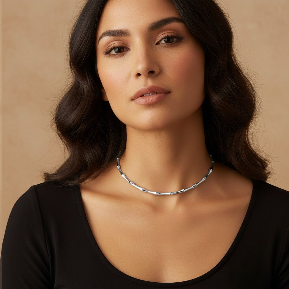 Collana Rigida Girocollo a Maglie Bamboo in Acciaio Inossidabile