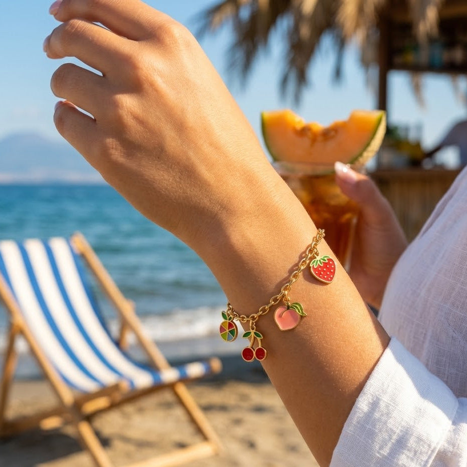 Bracciale con Charms Frutta Smaltati In Acciaio Inossidabile