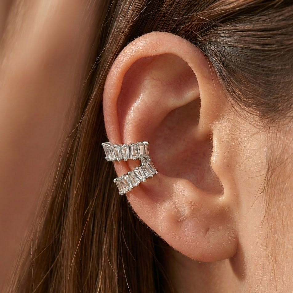 Ear Cuff Doppio Cerchio con Zirconi Taglio Trapezio In Acciaio Inossidabile