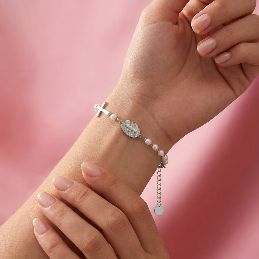 Bracciale Rosario con Perle In Acciaio Inossidabile