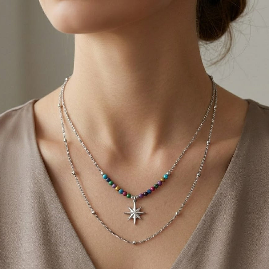 Collana Doppio Filo con Stella Polare e Perline Multicolor In Acciaio Inossidabile