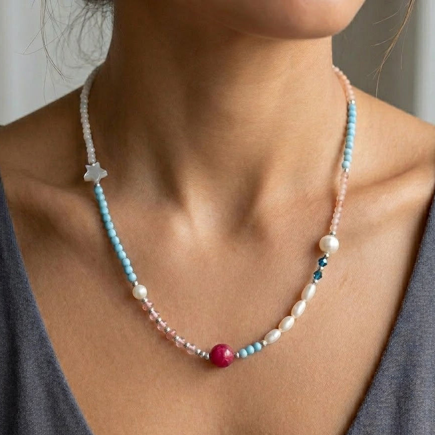 Collana Candy Pop con Pietra Fucsia e Perle In Acciaio Inossidabile