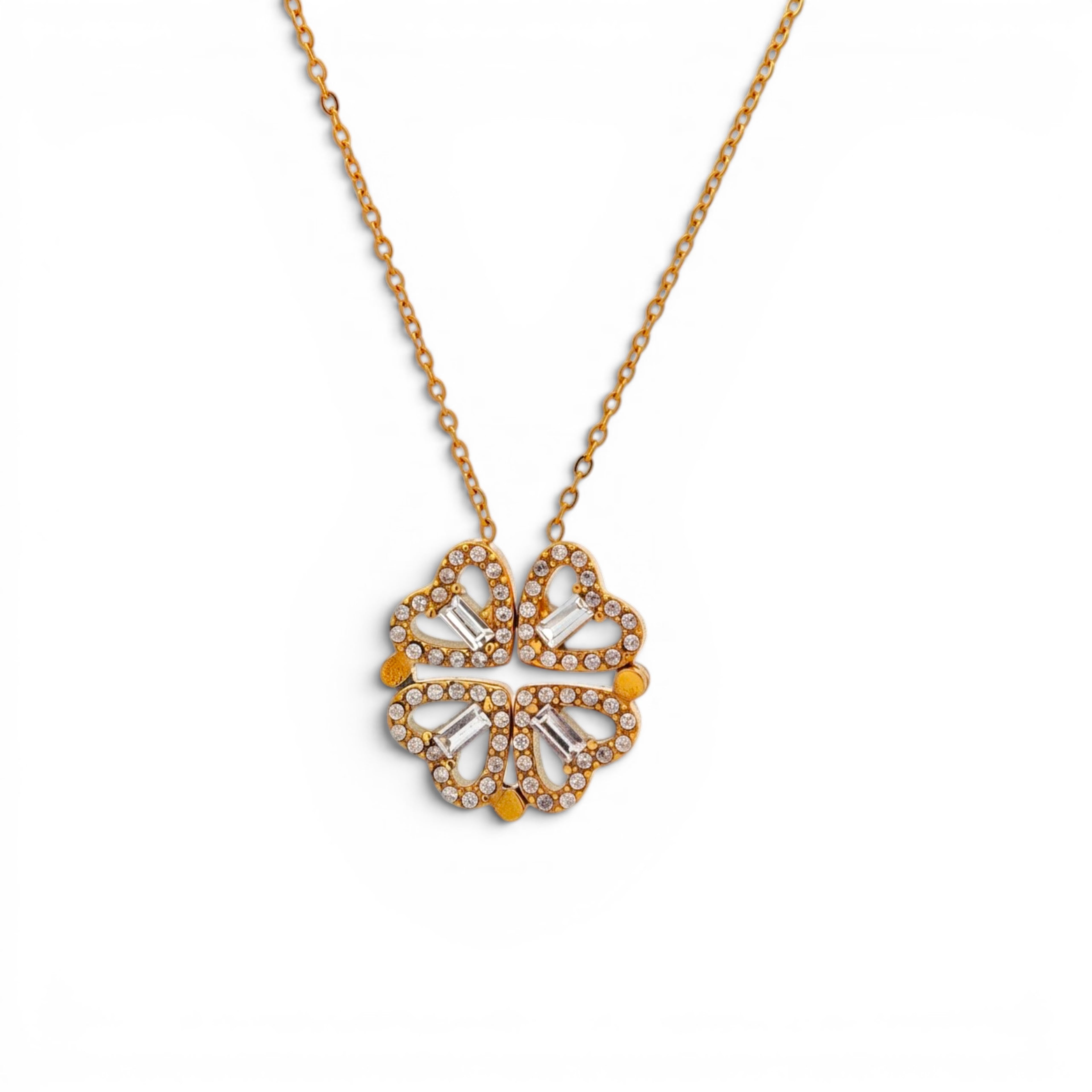 Collana con Quadrifoglio di Cuori e Zirconi In Acciaio Inossidabile